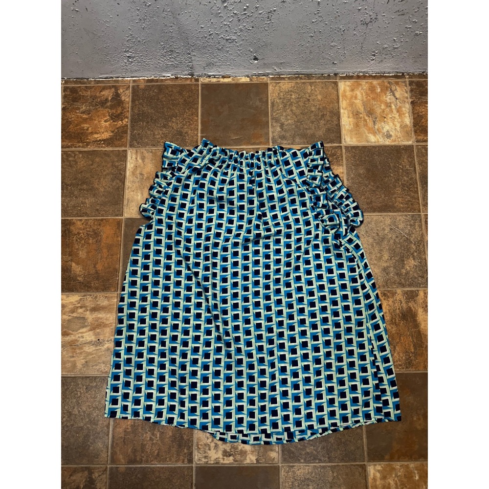 Ces Femme Blue Green Geometric Square Print Ruffle Neck Sleeveless Top Large‎